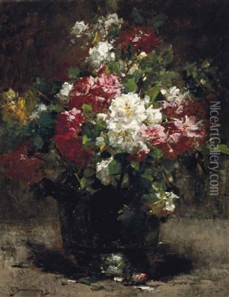 Red, White And Pink Roses Oil Painting - Georges Jeannin