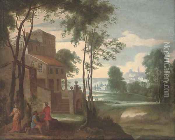 A wooded landscape with figures by a country house Oil Painting - Flemish School