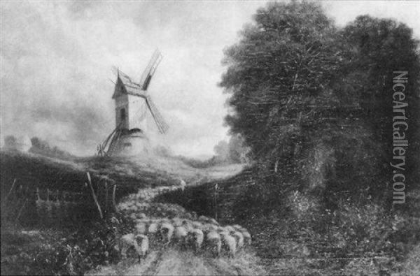 Country Lane With Shepherd And Flock, Windmill In The Distance Oil Painting - David Cox the Elder