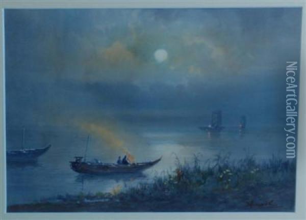 Early Morning On The Baysigned Watercolor On Paper Image Size 9 X 13 Inchesframed Oil Painting - Hiroshi Yoshida