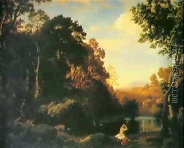Italienische Landschaft Mit Teich Und Badenden Nymphen Oil Painting - Johann Wilhelm Schirmer