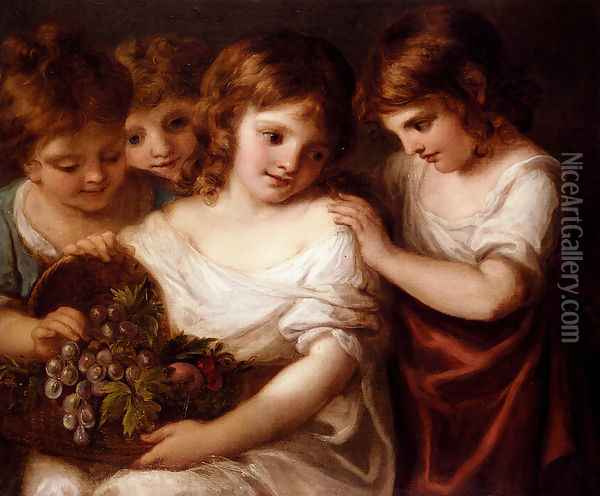 Children With A Bird's Nest And Flowers Oil Painting - Angelica Kauffmann