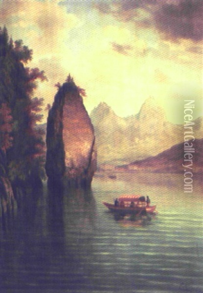 Bjergso Med Turbad Og Klippe Oil Painting - Ernst Hodel the Elder