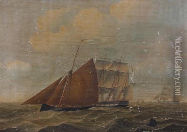 Hull Fishing Boat Hu381 And Other Vessels Off The Coast In A Swell Oil Painting - Henry Redmore