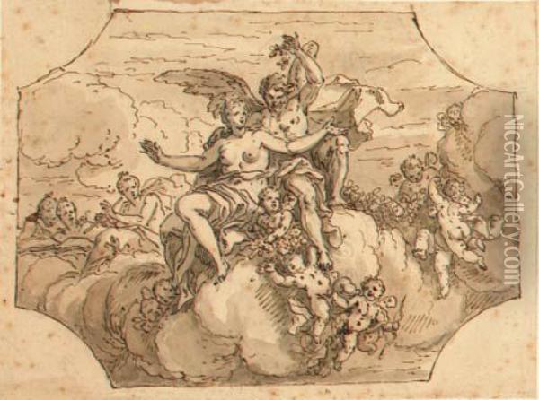 Zephyrus And Flora With Putti And Garlands On Clouds Oil Painting - Sir James Thornhill