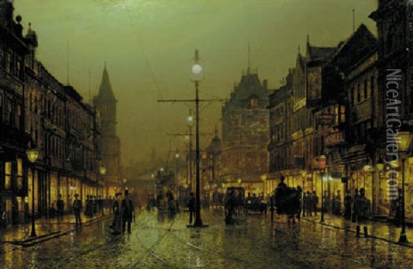 A View Of Briggate, Leeds, At Night Oil Painting - Louis H. Grimshaw