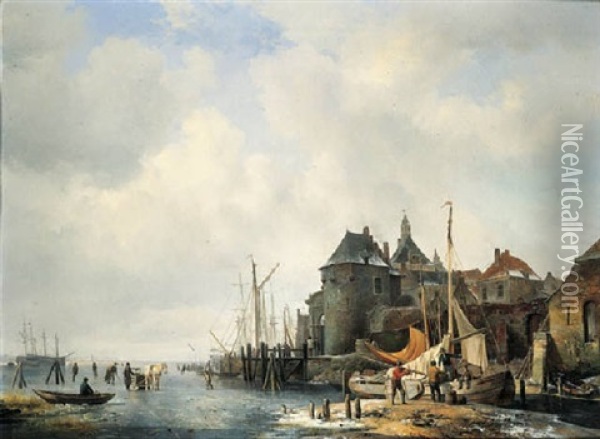 Een Gezigt Van De Rietdijkse Poort En Het Hoofd Te Dordrecht, Bij Winter Oil Painting - Hendrik van de Sande Bakhuyzen