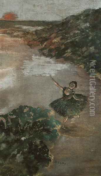 Dancer on a Stage, c.1879 Oil Painting - Edgar Degas