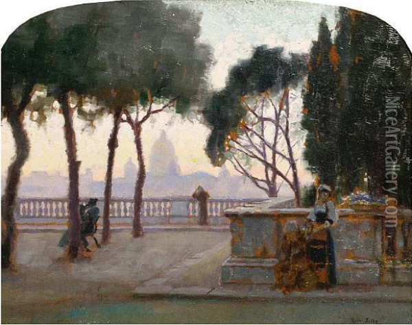 Figures On A Terrace Overlooking Rome Atsunset Oil Painting - Martin Gwilt-Jolley