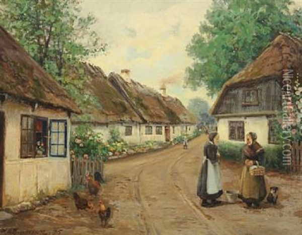 Village Scenery With Two Women Talking In The Street Oil Painting - Hans Andersen Brendekilde