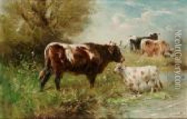Cattle By A Pond; Cattle On A Beach Oil Painting - Henry Schouten