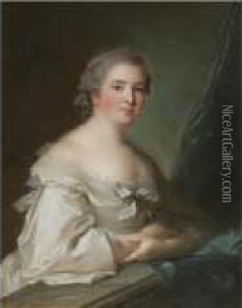 Portrait Of A Lady Leaning On A Balustrade Oil Painting - Jean-Marc Nattier