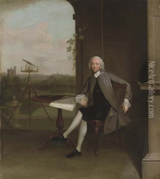 Portrait Of Jonas Hanway Seated At A Table, Beside A Surveyor's Theodolite And A Classical Urn Oil Painting - Arthur Devis