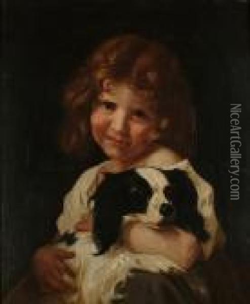 Portrait, Half Length, Of A Young Girl Holding A Cavalier King Charles Spaniel Oil Painting - William Hounsom Byles