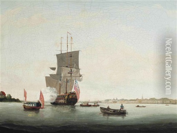 A British Man-o'war Saluting Her Departure From Her Anchorage On The Thames At Greenwich Oil Painting - John Cleveley