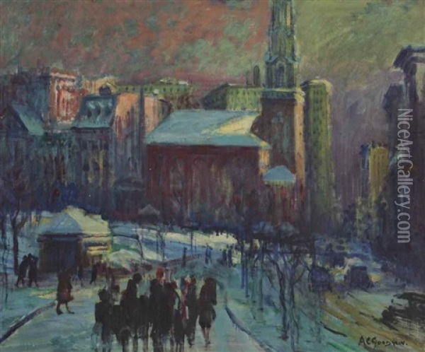 Park Street Church In Winter Oil Painting - Arthur Clifton Goodwin