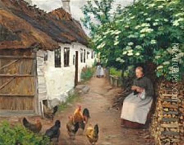 June Day With A Peasant Woman Knitting Under The Elder Tree In Bloom Oil Painting - Hans Andersen Brendekilde