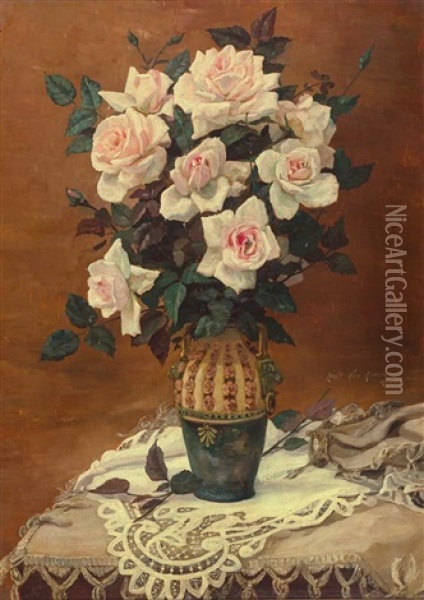 Prachtvoller Rosenstraus In Jugendstilvase Oil Painting - Louis Van Hoorde