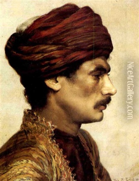 Profile Portrait Of A Man In A Red Turban Oil Painting - Rudolf Ernst