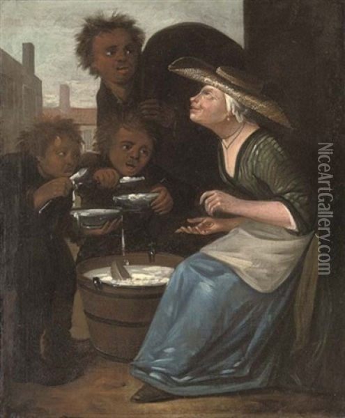A Woman Feeding Three Peasant Boys Gruel Oil Painting - Egbert van Heemskerck the Elder