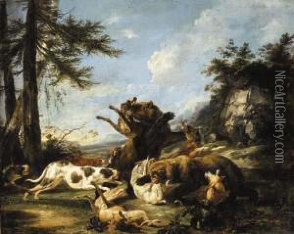 Bears And Hounds Fighting In A Landscape Oil Painting - Carl Borromaus Andreas Ruthart