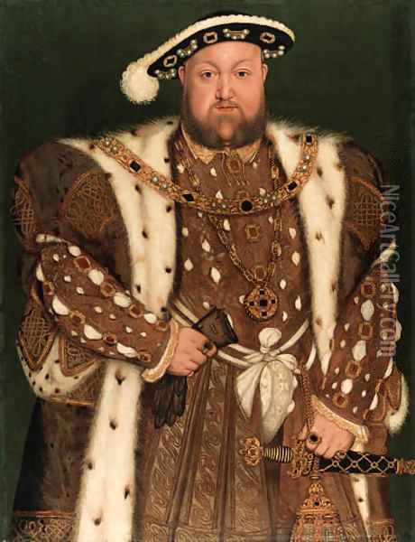 Portrait of King Henry VIII (1491-1547), three-quarter-length, in an ermine-lined brocaded cloak Oil Painting - Hans Holbein the Younger