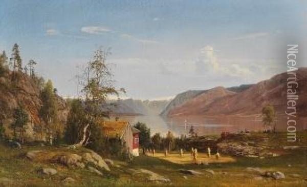 Fjordlandskap Med Hoystakker 1870 Oil Painting - Amaldus Clarin Nielsen