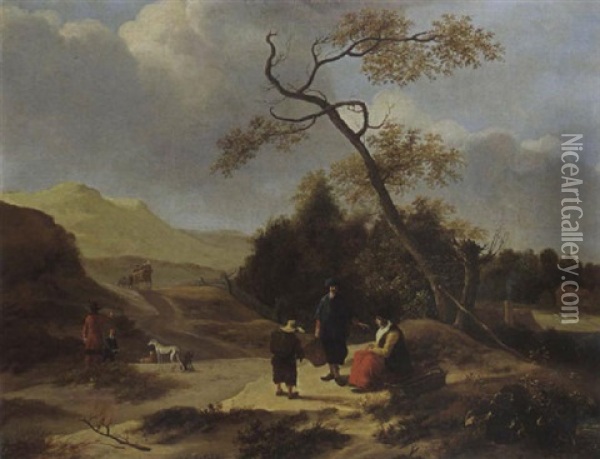 A Dune Landscape With Huntsmen With Their Dogs And A Peasant Family Along The Road, A Bleaching Ground Beyond Oil Painting - Jan Baptist Wolfaerts