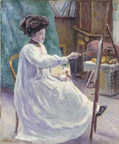 Jeune Femme A Son Chevalet Oil Painting - Maximilien Luce