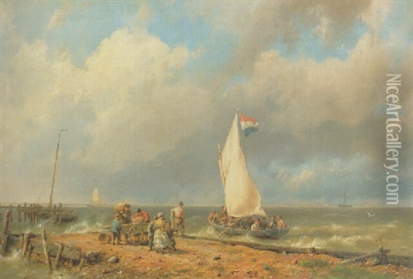 Figures On A Shore With A Fishing Boat Setting Sail Oil Painting - Hermanus Koekkoek the Elder