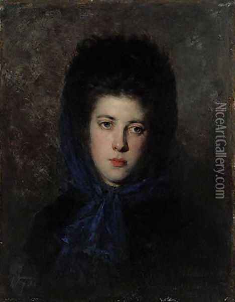 Portrait of a Woman in a Blue Shawl Oil Painting - Zygmunt Sidorowicz