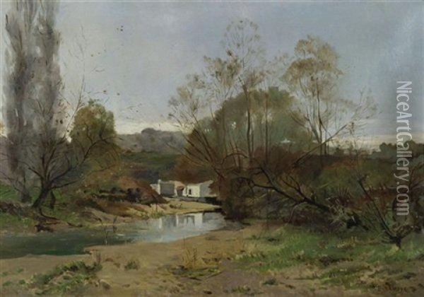 Flusslandschaft Oil Painting - Pierre Emmanuel Eugene Damoye
