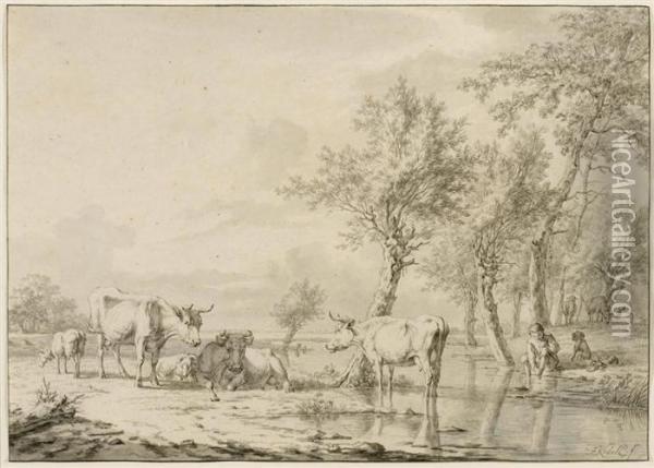 Herder With Cows And Sheep At The Trough. Oil Painting - Janbaptist Ii Kobell