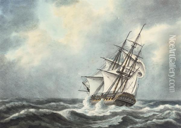 Four Studies Of Royal Naval Frigates At Sea (one Illustrated) Oil Painting - William Innes Pocock