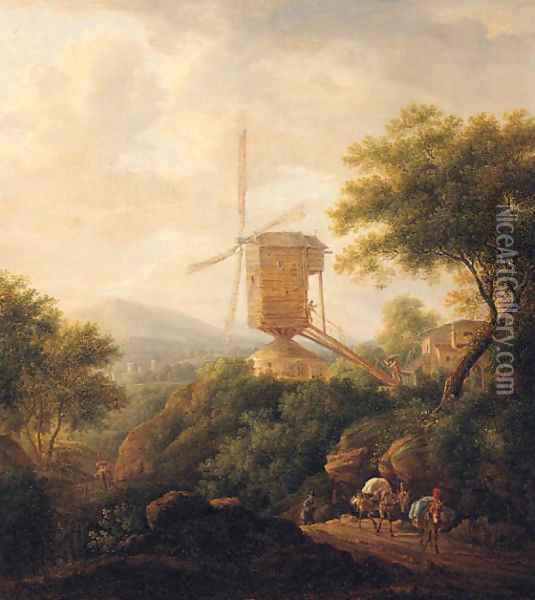 A landscape with a traveller and mules on a track by a windmill Oil Painting - Christian Wilhelm Ernst Dietrich