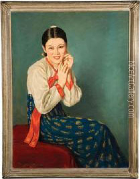 Portrait Of A Pretty Asian Lady Wearing A Silk Dress Oil Painting - John Campbell Phillips