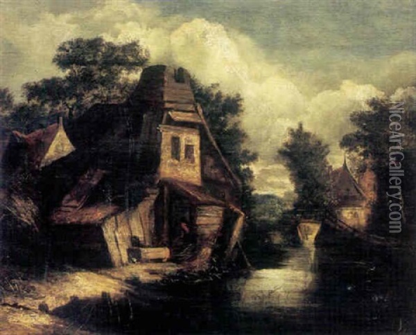 A View Of A Village By A Stream Oil Painting - Salomon van Ruysdael