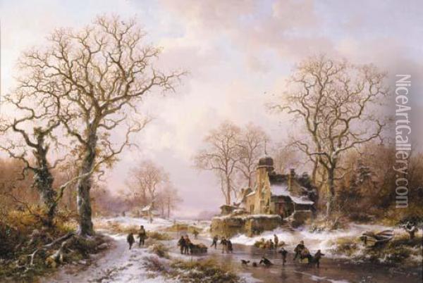 Skaters By A Snowcovered Castle At Dusk Oil Painting - Frederik Marianus Kruseman