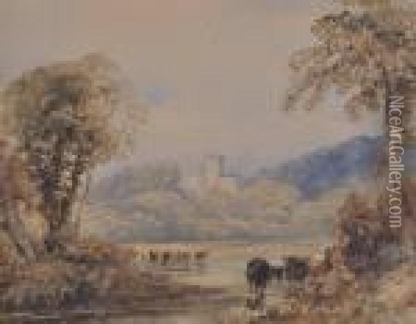 Cattle Watering In A Tree Lined River Oil Painting - David I Cox