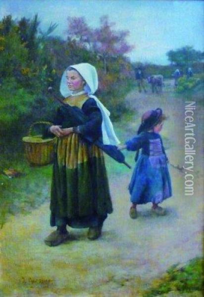 Femme Et Enfant Sur Un Chemin Oil Painting - Jean-Bertrand Pegot-Ogier