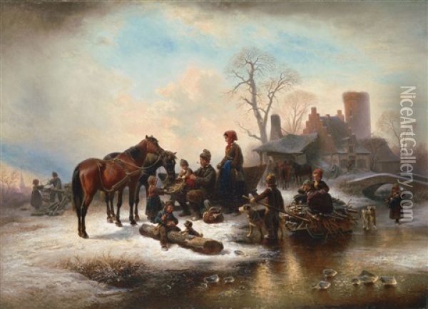 Winterlandschaft Mit Reisigsammlern Und Holzsagenden Kindern Oil Painting - Wilhelm Alexander Meyerheim