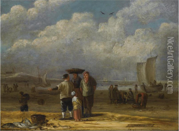 Fishermen And Women Conversing On The Beach, Other Fishermenunloading Their Catch In The Background Oil Painting - Willem Gillisz. Kool