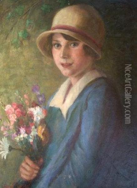 Portrait Of A Girl, Half-length In A Blue Dress Holding A Bouquet Of Flowers Oil Painting - Harry John Pearson