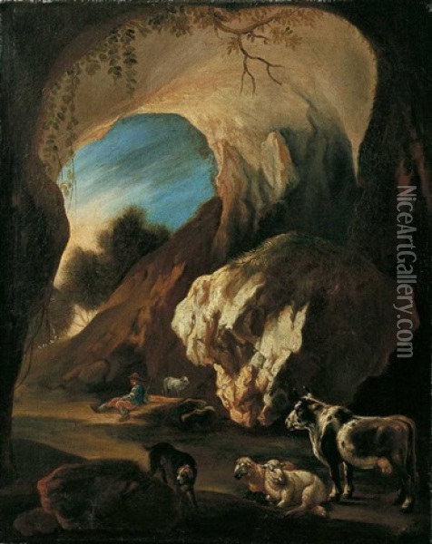 Ein Hirte Mit Vieh In Einer Grotte Oil Painting - Karel Dujardin