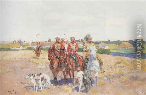Cossacks Hawking Oil Painting - Franz Roubaud