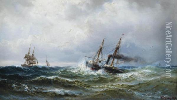 A Paddle Steamer And Other Shipping In A Heavy Swell Oil Painting - Vilhelm Melbye