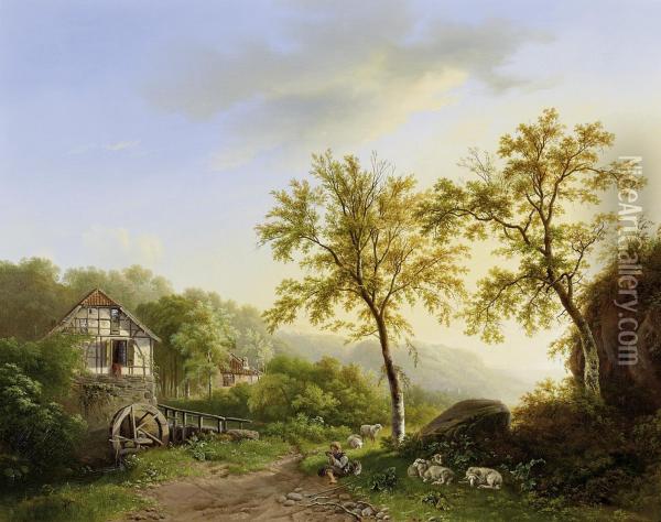 Summer Landscape With A Shepherd Boyin Front Of An Old Watermill Oil Painting - Willem Bodemann