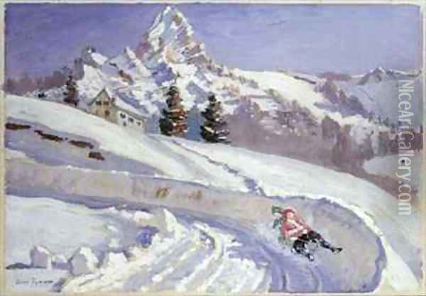 Tobogganing near the Matterhorn Oil Painting - Alice Taite Fanner