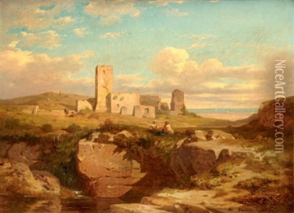Couple De Bergers Devant Des Ruines En Italie Oil Painting - Antoine Claude Ponthus-Cinier