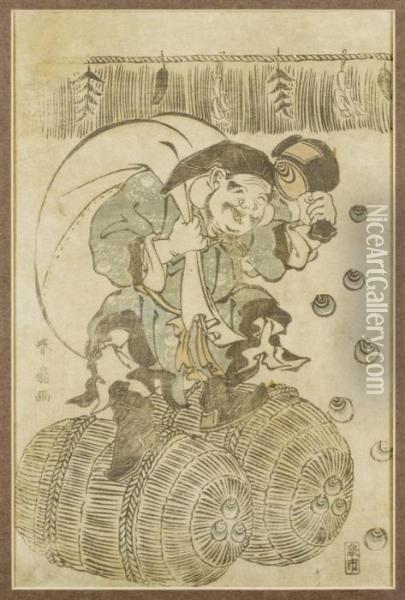 Der Lachende Glucksgott Daikoku Auf Zwei Reisballen Oil Painting - Katsukawa Shunsen